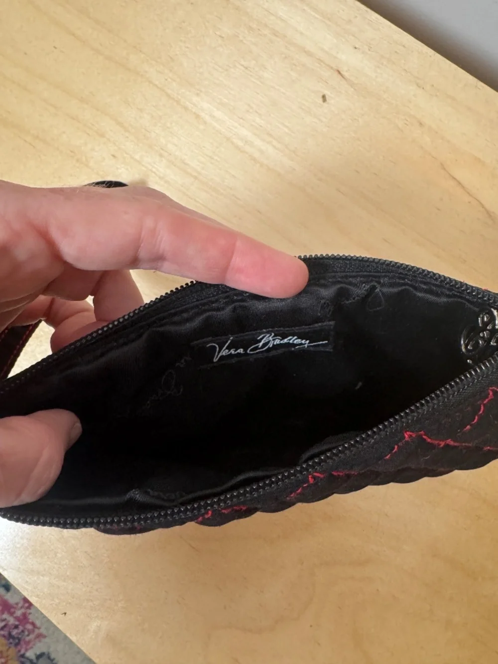 Vera Bradley black wristlet with red stitching, OS